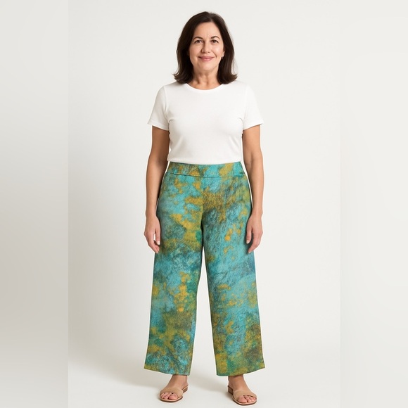 Soft Surroundings Pants Wide Leg Palazzo Cassatt Gilded Blue Multicolor tropical - Picture 1 of 15